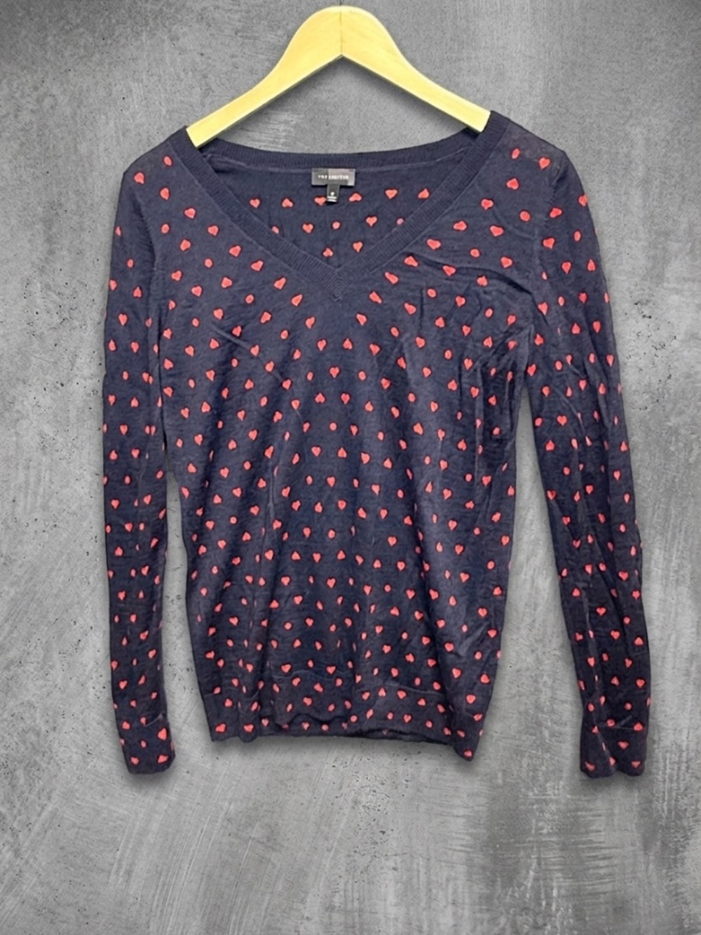 The Limited Wool Blend Red Heart Pattern V-Neck Sweater M Navy Lovecore Twee